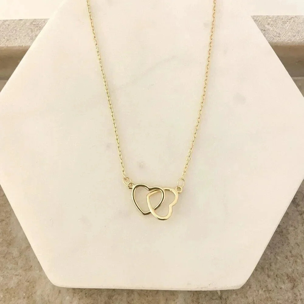 925 Sterling Silver Double Heart Linked Necklace Interlocking Hearts Necklace - Picture 10 of 15
